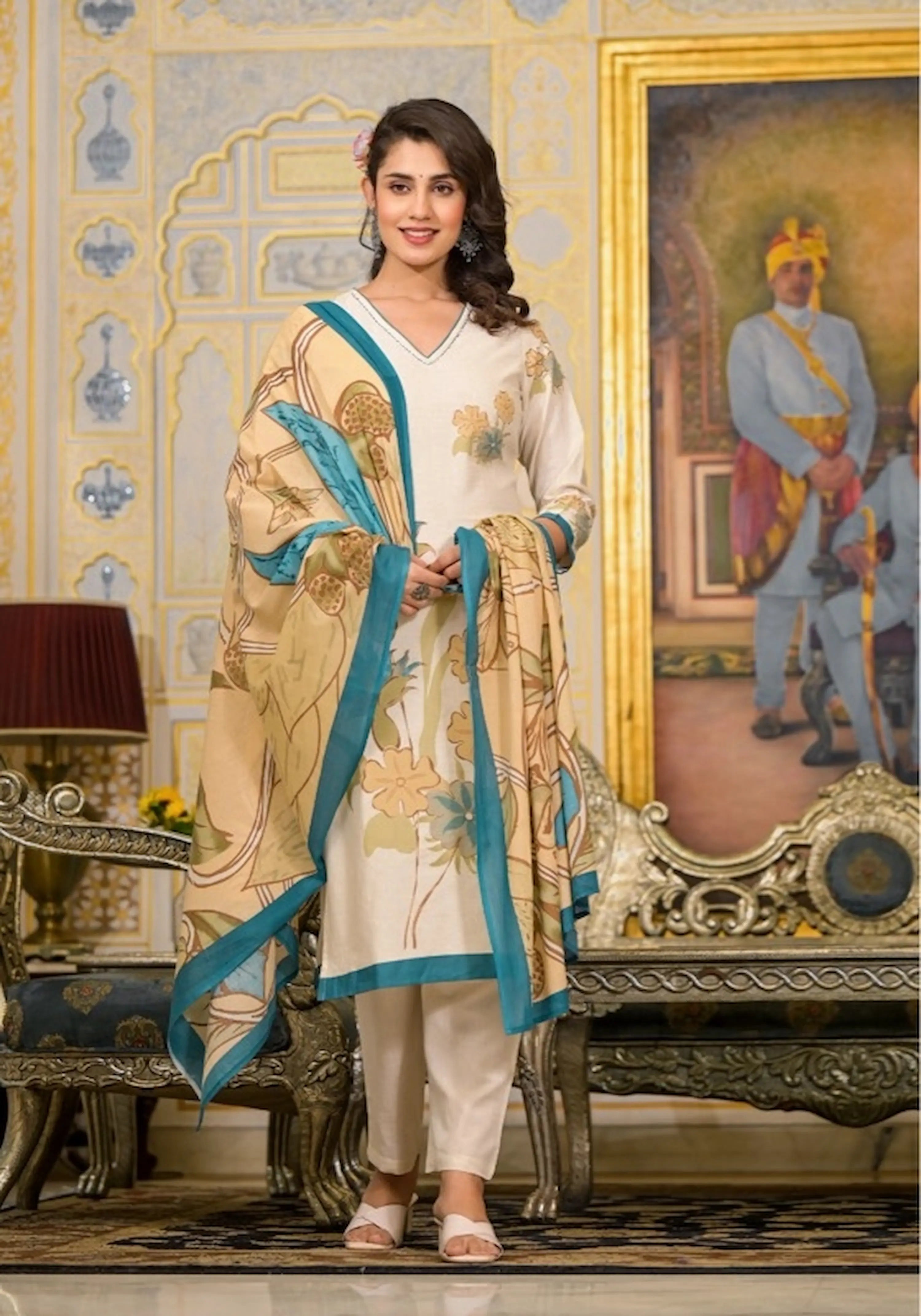 Ivory & Teal Floral Printed Kurta Set with Dupatta – Elegant Ethnic 3-Piece Suit