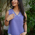 Lavender Solid Sleeveless Top with Floral Embroidery