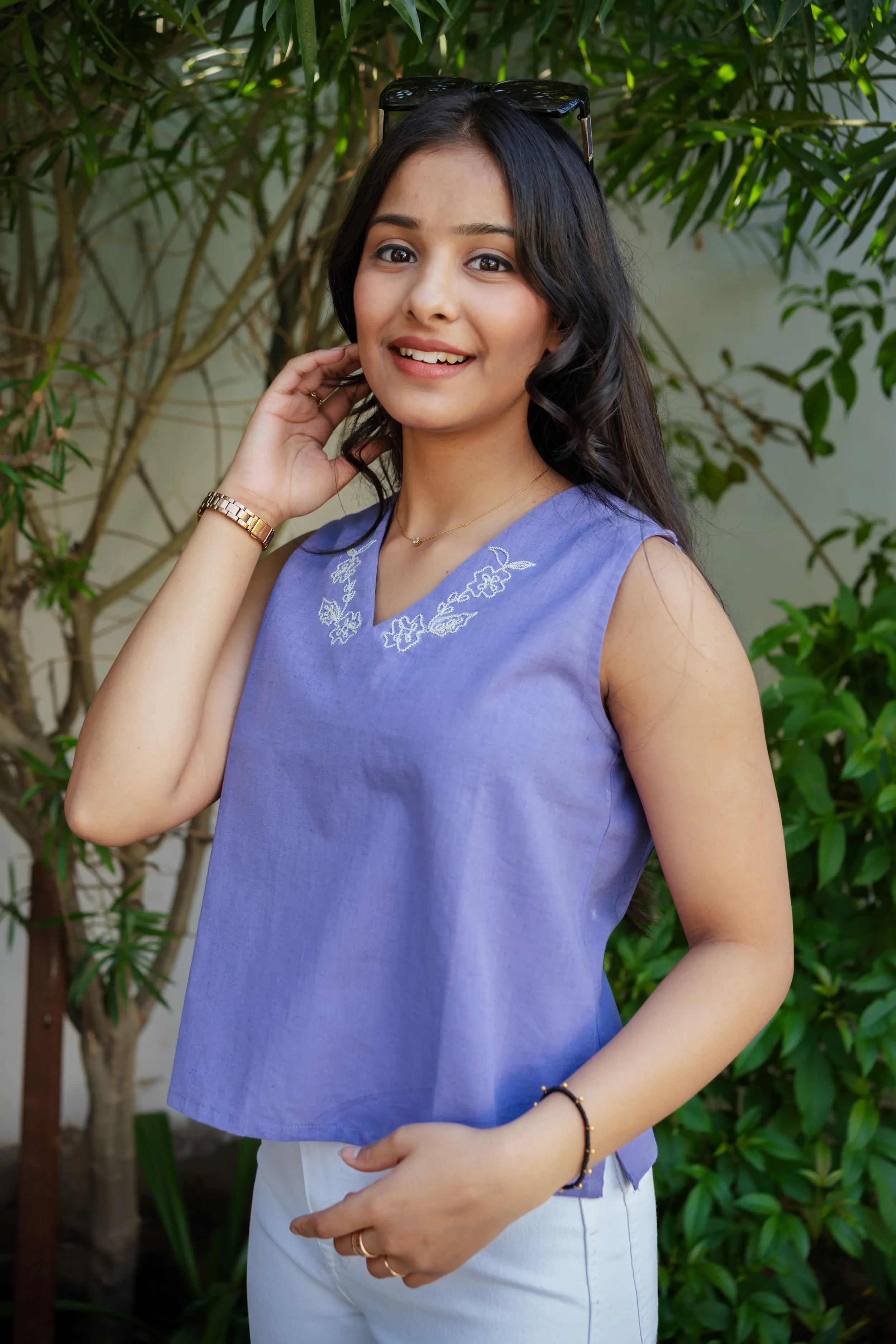 Lavender Solid Sleeveless Top with Floral Embroidery