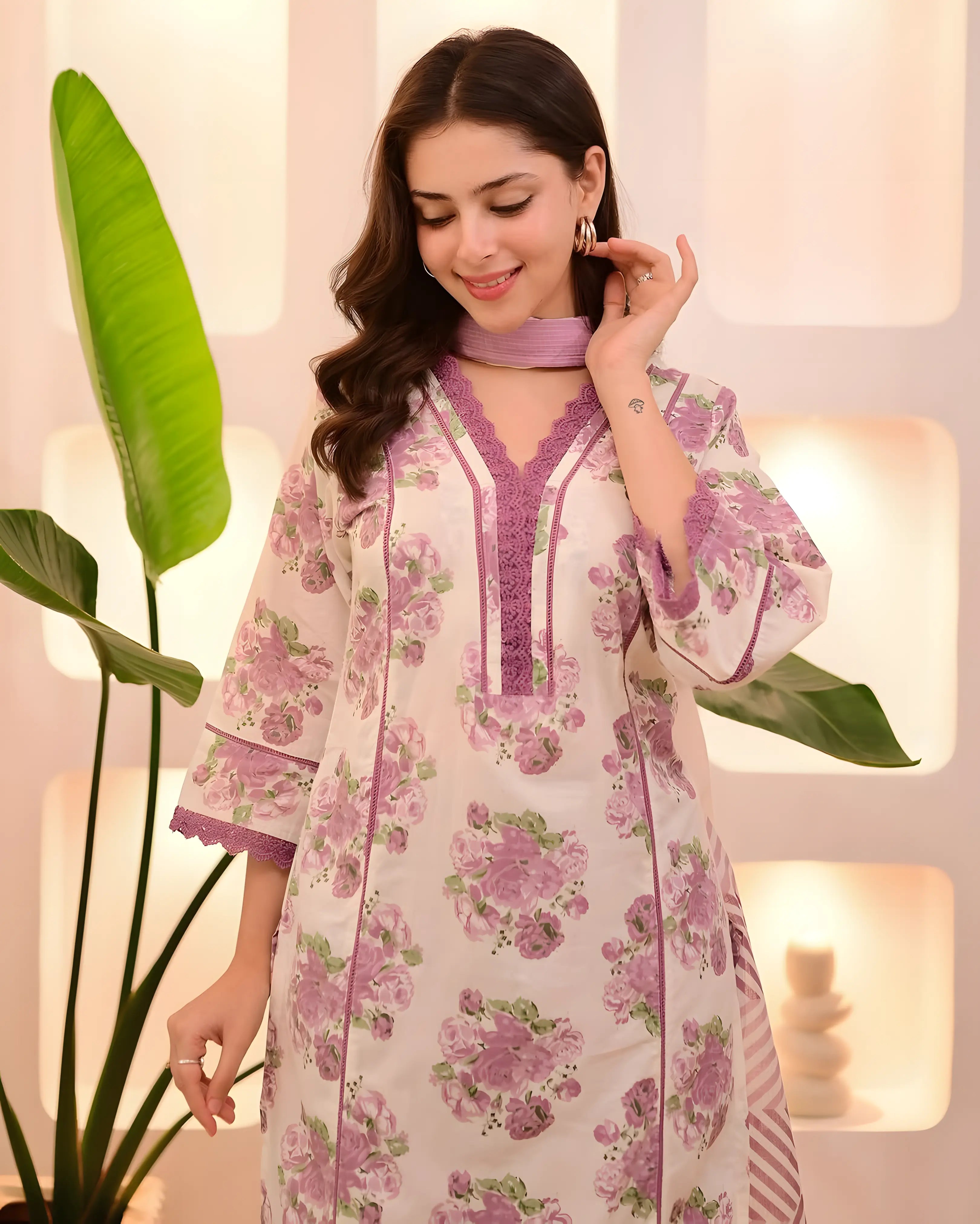Lavender Floral Printed 3-Piece Kurta Set with Dupatta