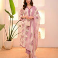 Lavender Floral Printed 3-Piece Kurta Set with Dupatta