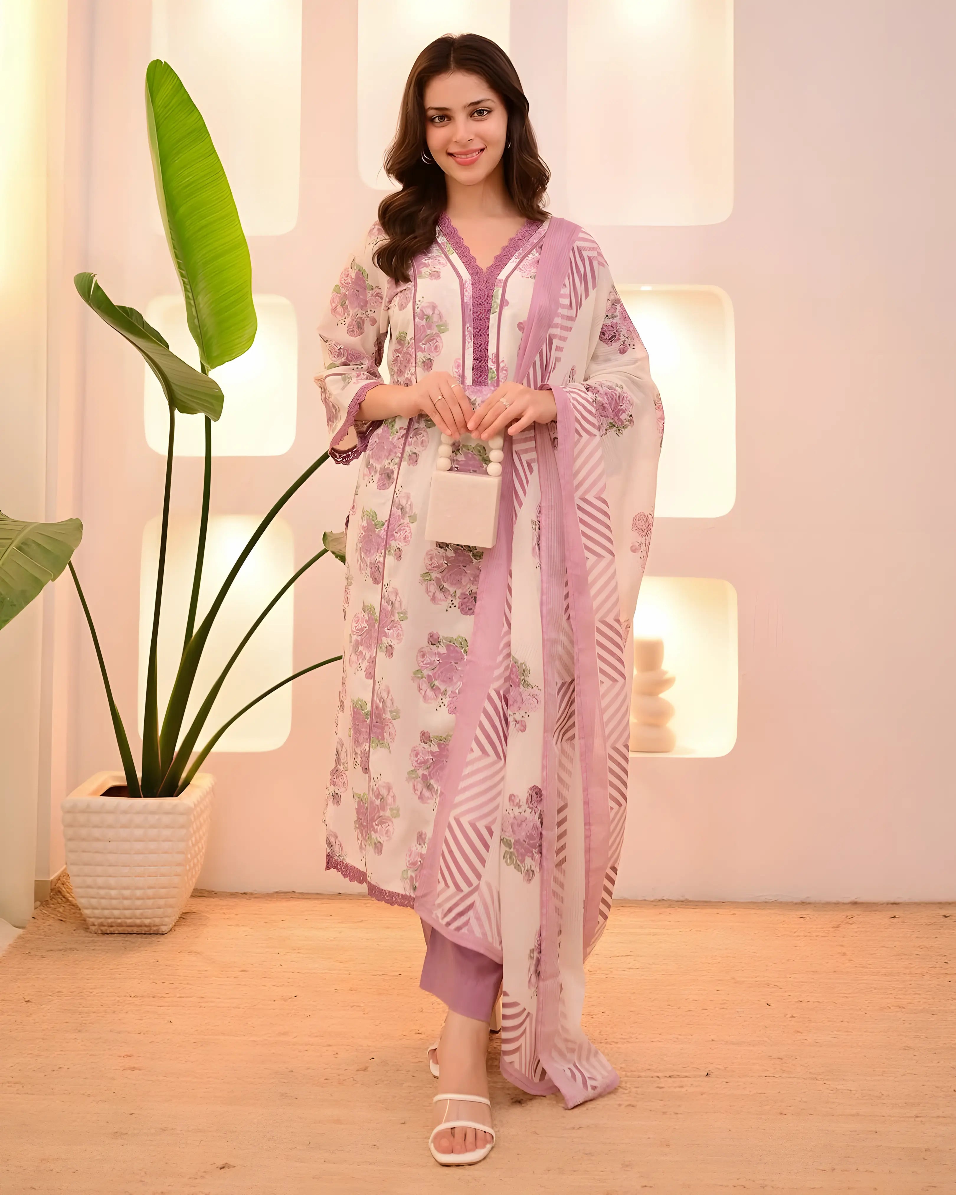 Lavender Floral Printed 3-Piece Kurta Set with Dupatta