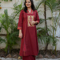 Maroon Ethnic 3 Piece Kurta Set with Printed Dupatta & Straight Pants