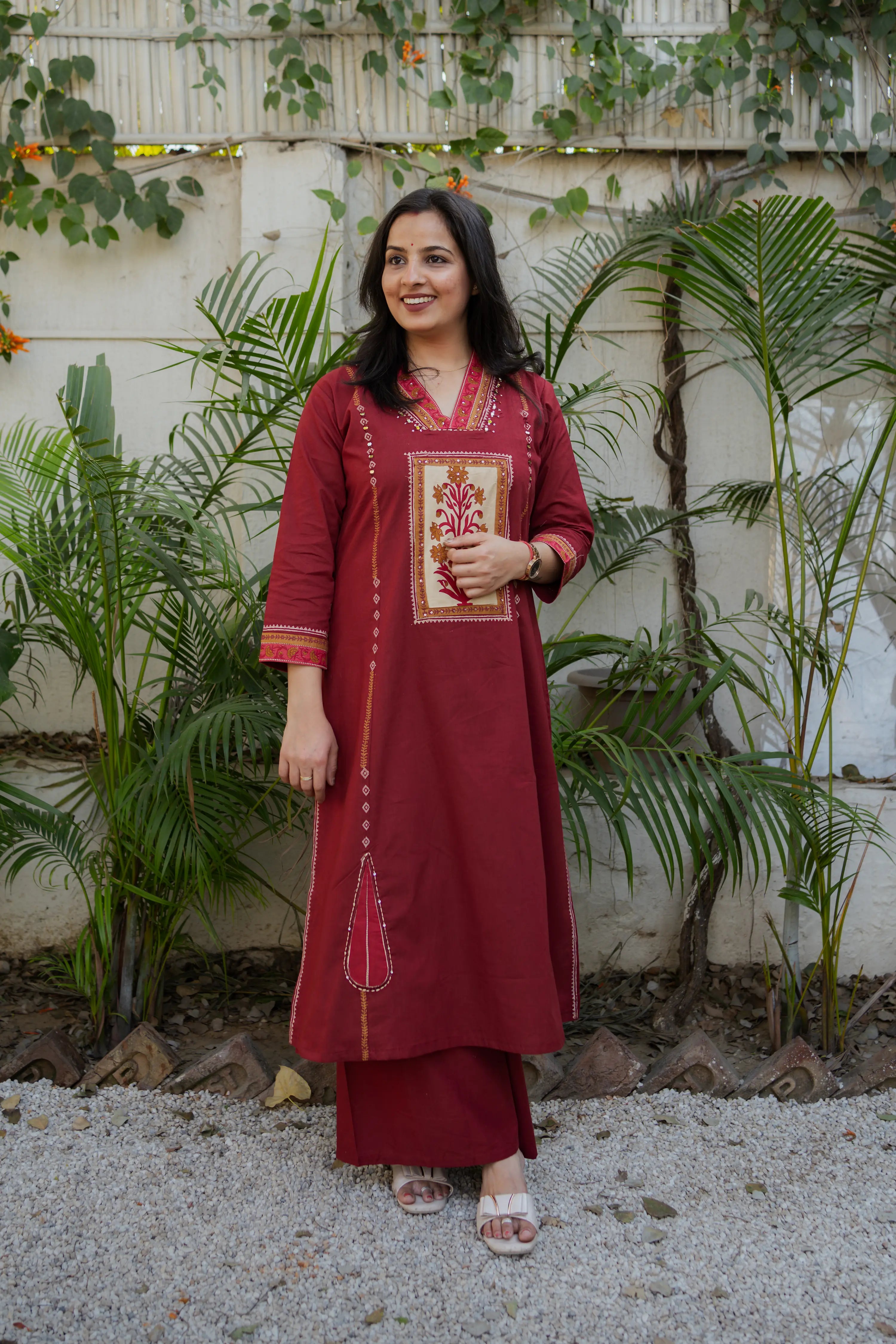 Maroon Ethnic 3 Piece Kurta Set with Printed Dupatta & Straight Pants