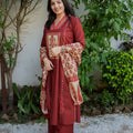 Maroon Ethnic 3 Piece Kurta Set with Printed Dupatta & Straight Pants