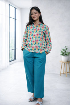 Floral Print Shirt with Teal Wide-Leg Pants Co-Ord Set