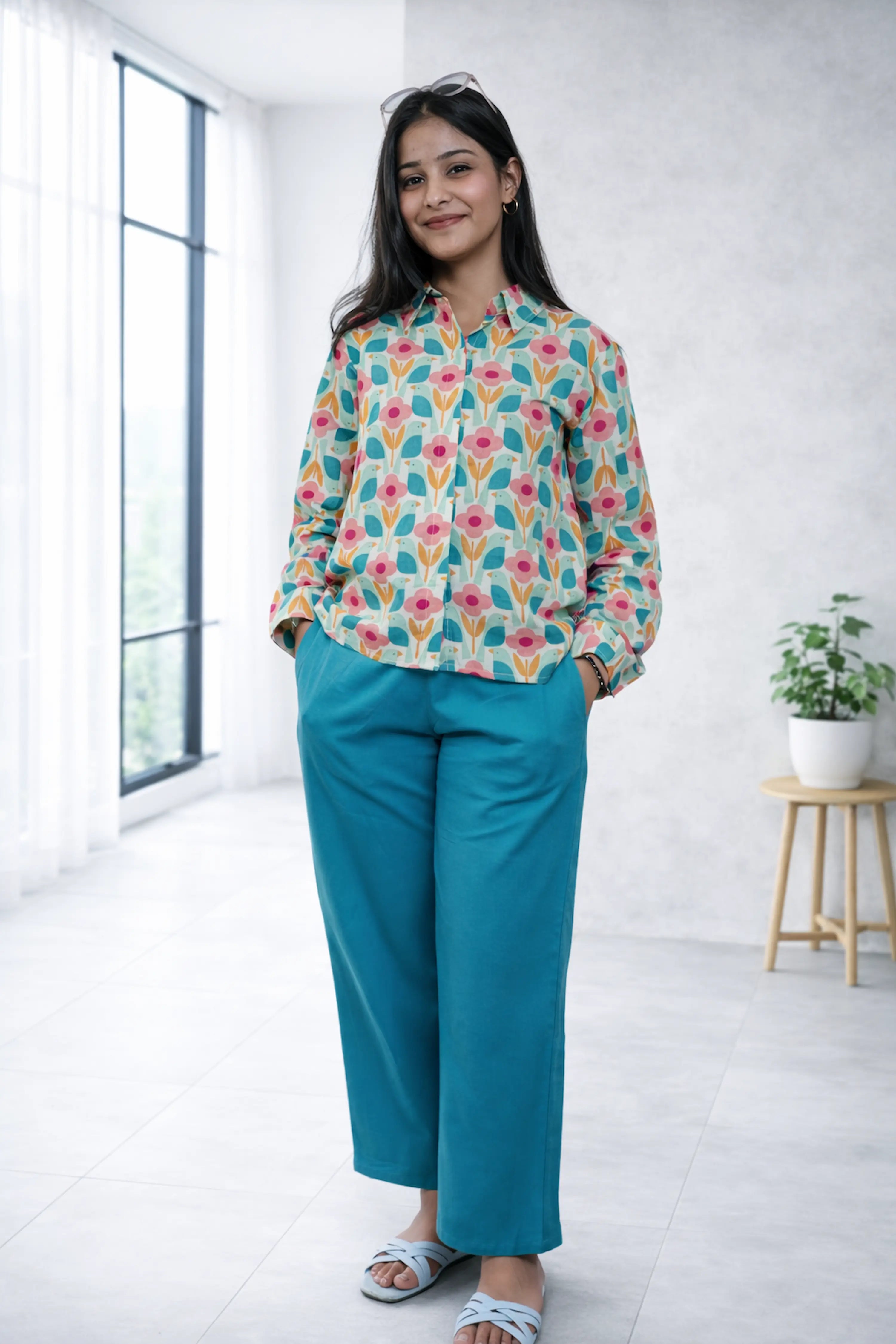 Floral Print Shirt with Teal Wide-Leg Pants Co-Ord Set