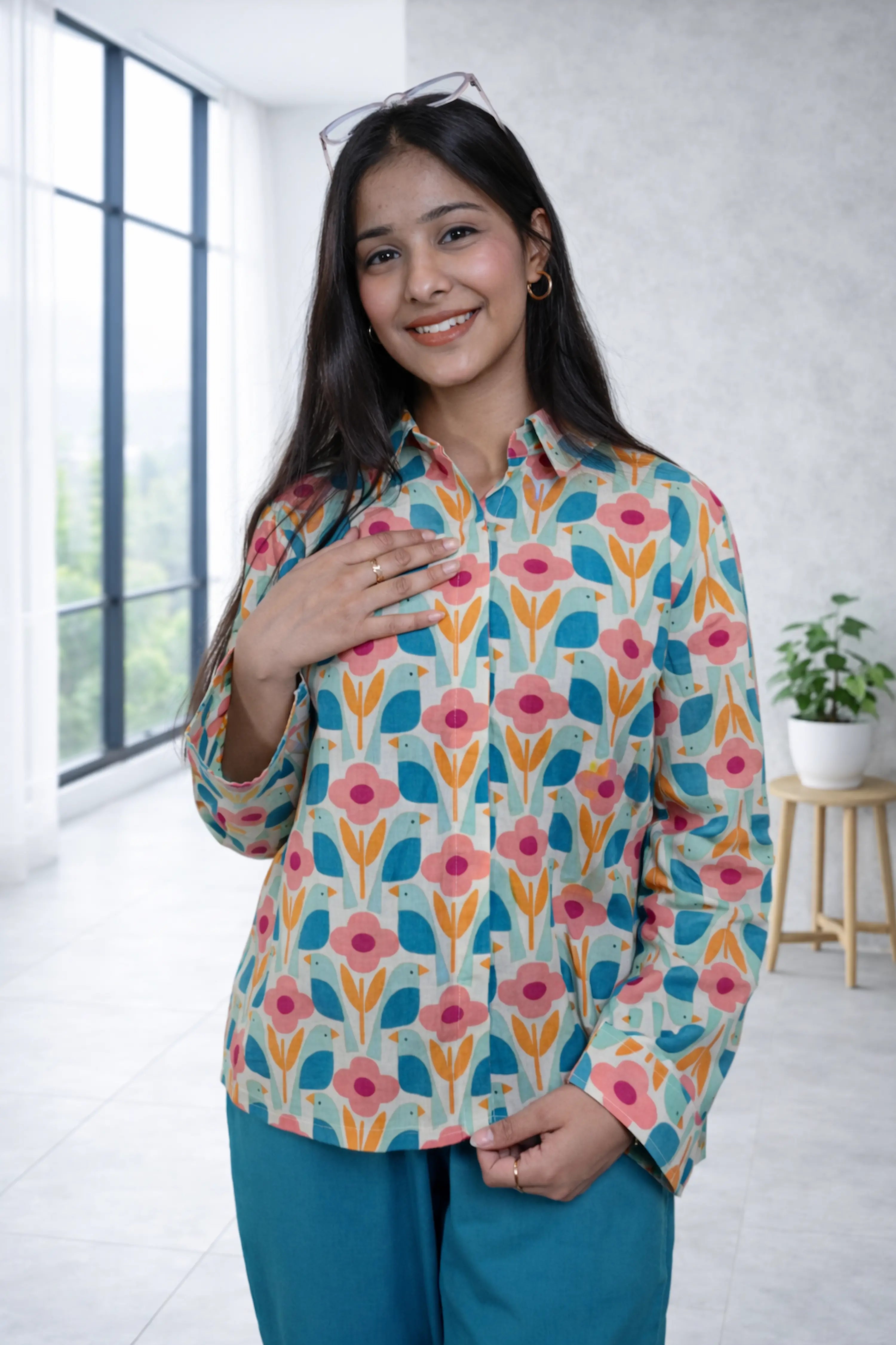 Floral Print Shirt with Teal Wide-Leg Pants Co-Ord Set