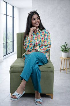 Floral Print Shirt with Teal Wide-Leg Pants Co-Ord Set
