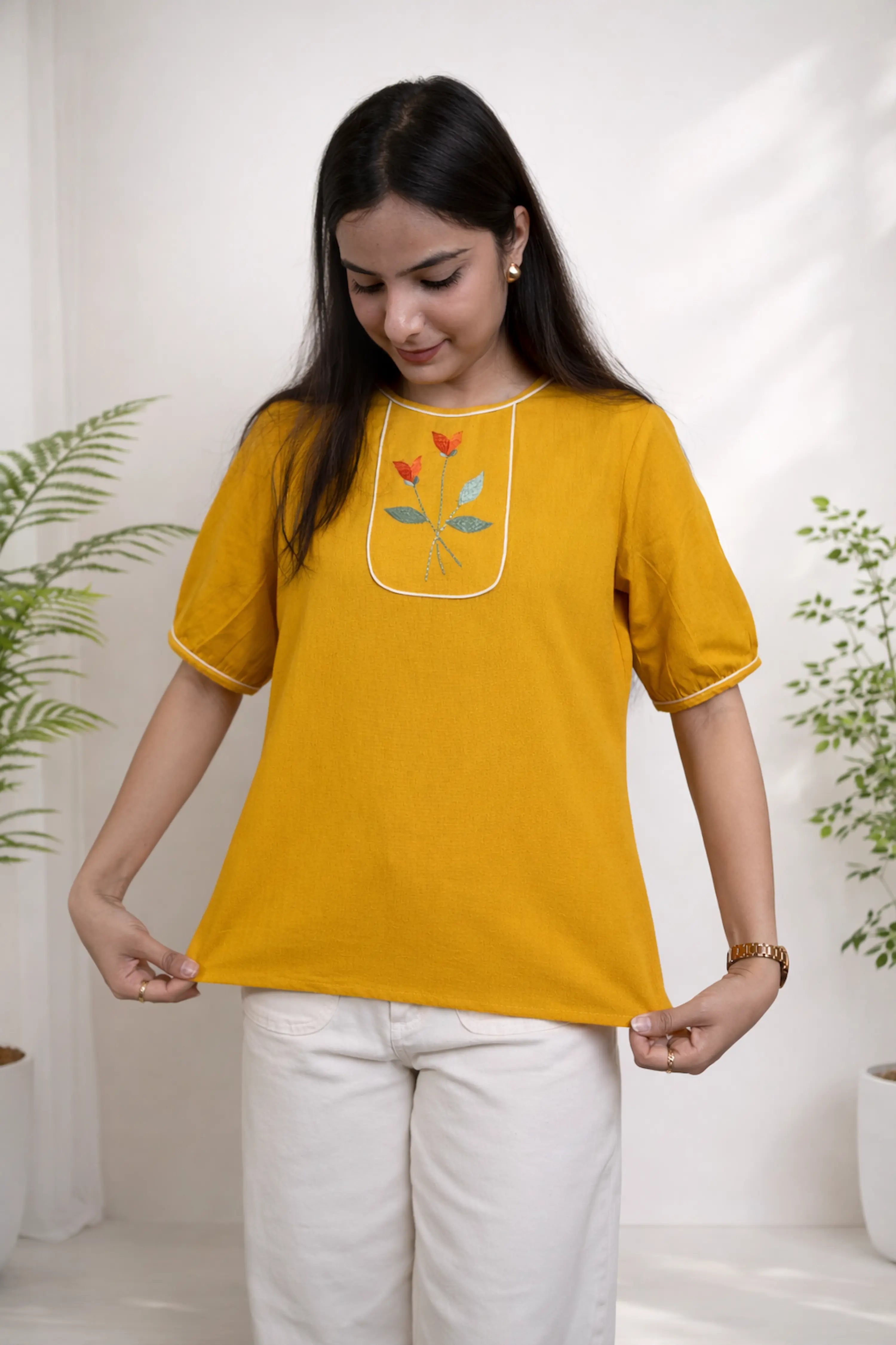 Mustard Yellow Floral Embroidered Casual Top
