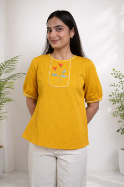 Mustard Yellow Floral Embroidered Casual Top