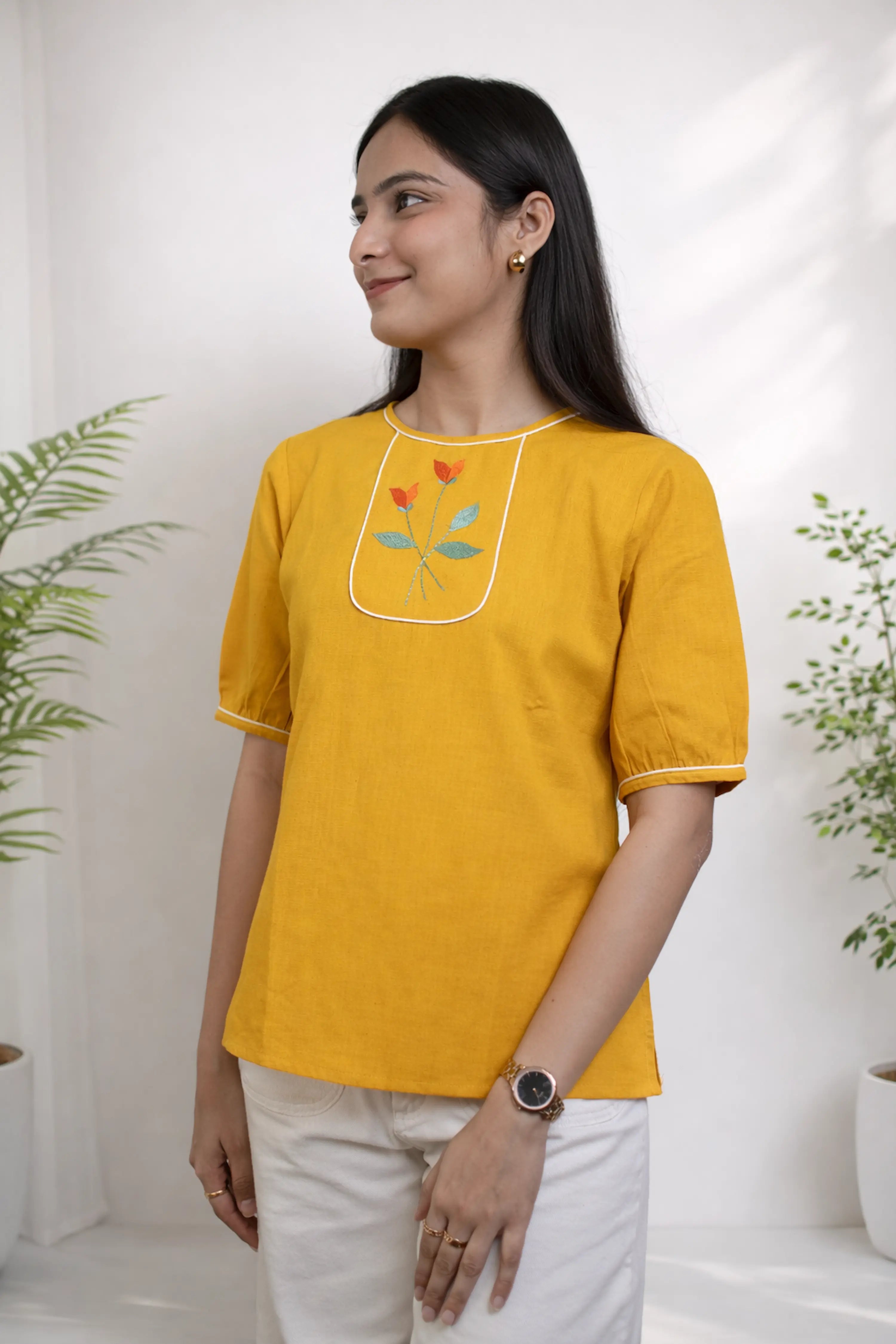Mustard Yellow Floral Embroidered Casual Top