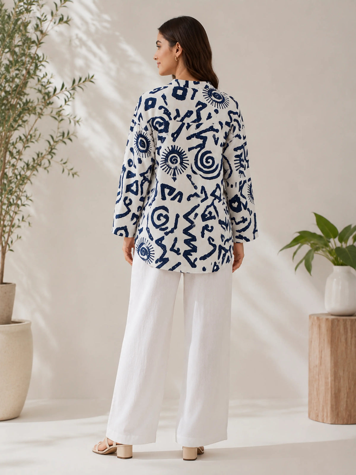 Women's Navy Blue Abstract Print Cotton Oversized Shirt