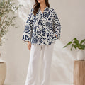 Women's Navy Blue Abstract Print Cotton Oversized Shirt