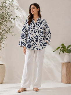 Women's Navy Blue Abstract Print Cotton Oversized Shirt