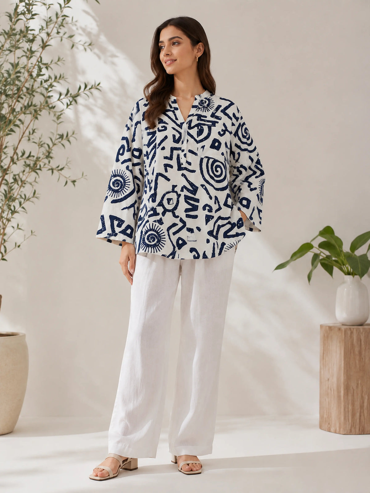 Women's Navy Blue Abstract Print Cotton Oversized Shirt