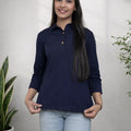Navy Blue Solid Casual Top with Collar and Button Placket