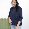 Navy Blue Solid Casual Top with Collar and Button Placket