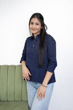 Navy Blue Solid Casual Top with Collar and Button Placket