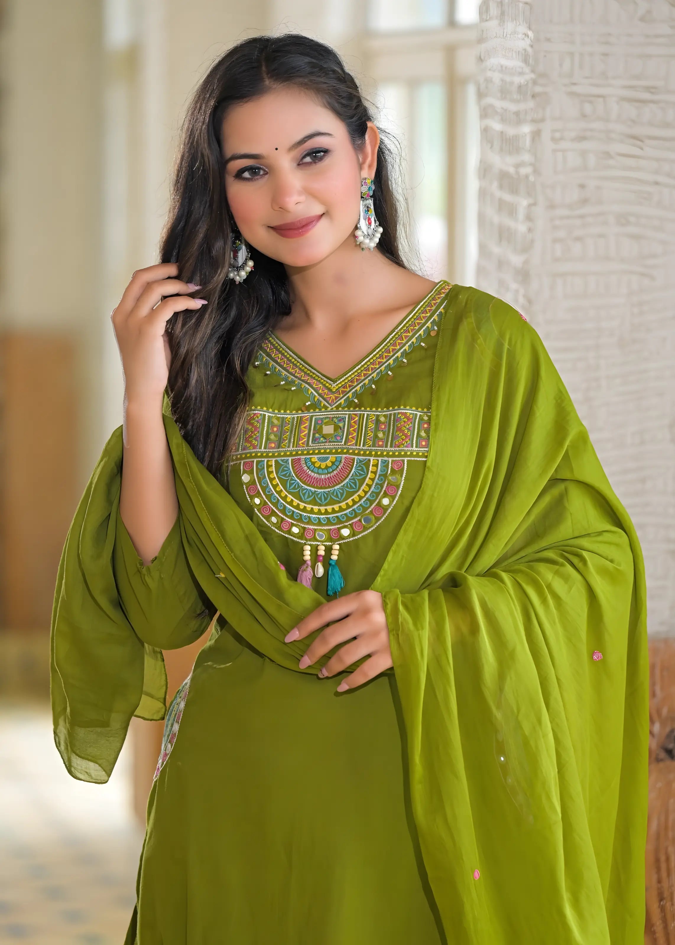 Olive Green Embroidered Kurta Set for Women with Dupatta