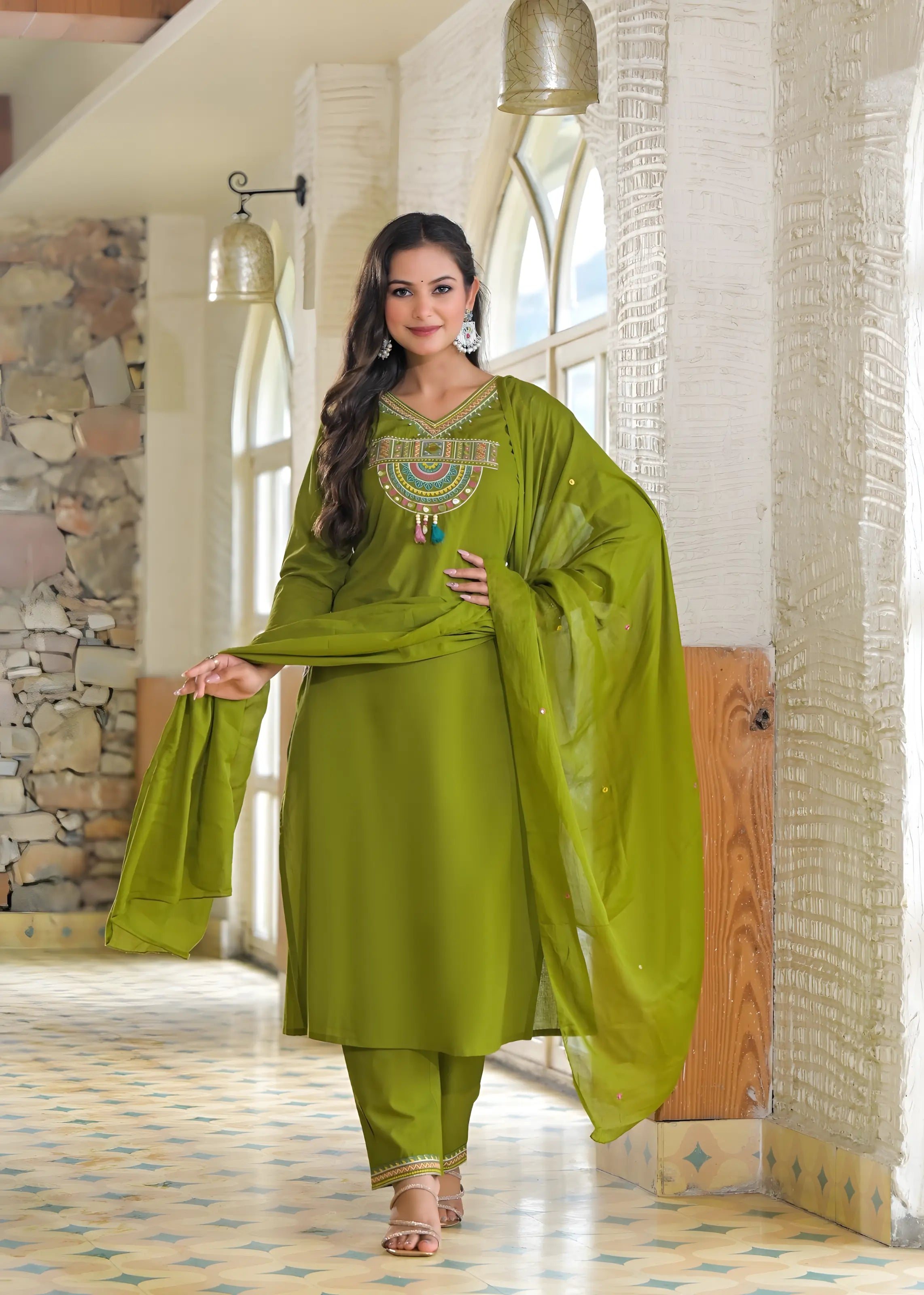Olive Green Embroidered Kurta Set for Women with Dupatta