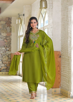 Olive Green Embroidered Kurta Set for Women with Dupatta