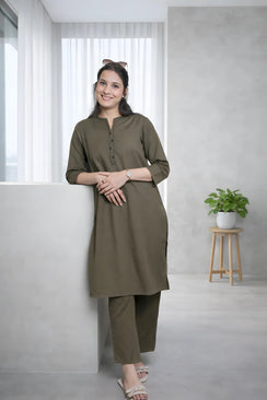 Olive Green Solid Kurta Set