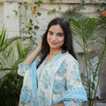 Pastel Blue Floral Printed Kurta Set with Pants & Dupatta – 3 Piece Ethnic Suit