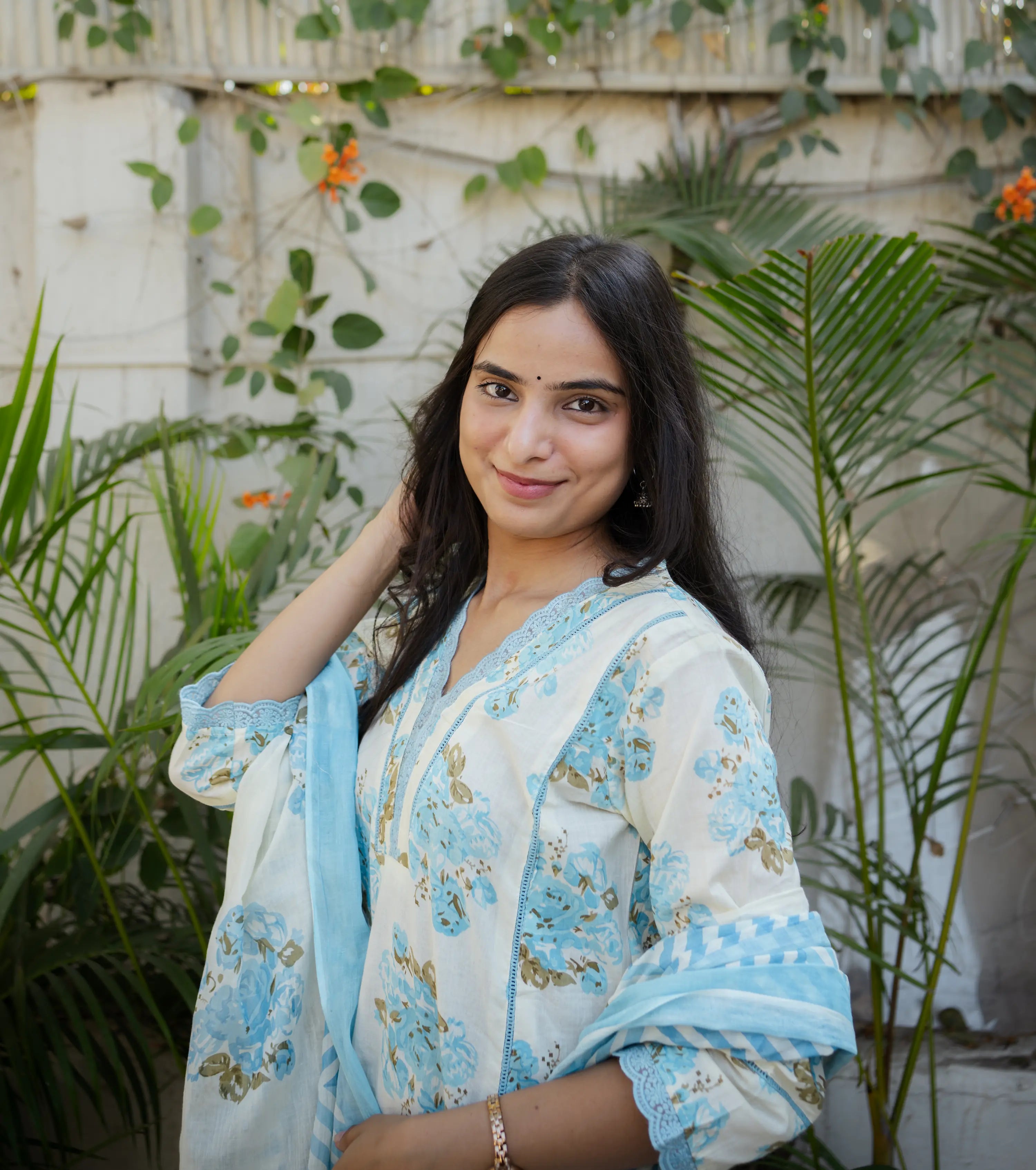 Pastel Blue Floral Printed Kurta Set with Pants & Dupatta – 3 Piece Ethnic Suit