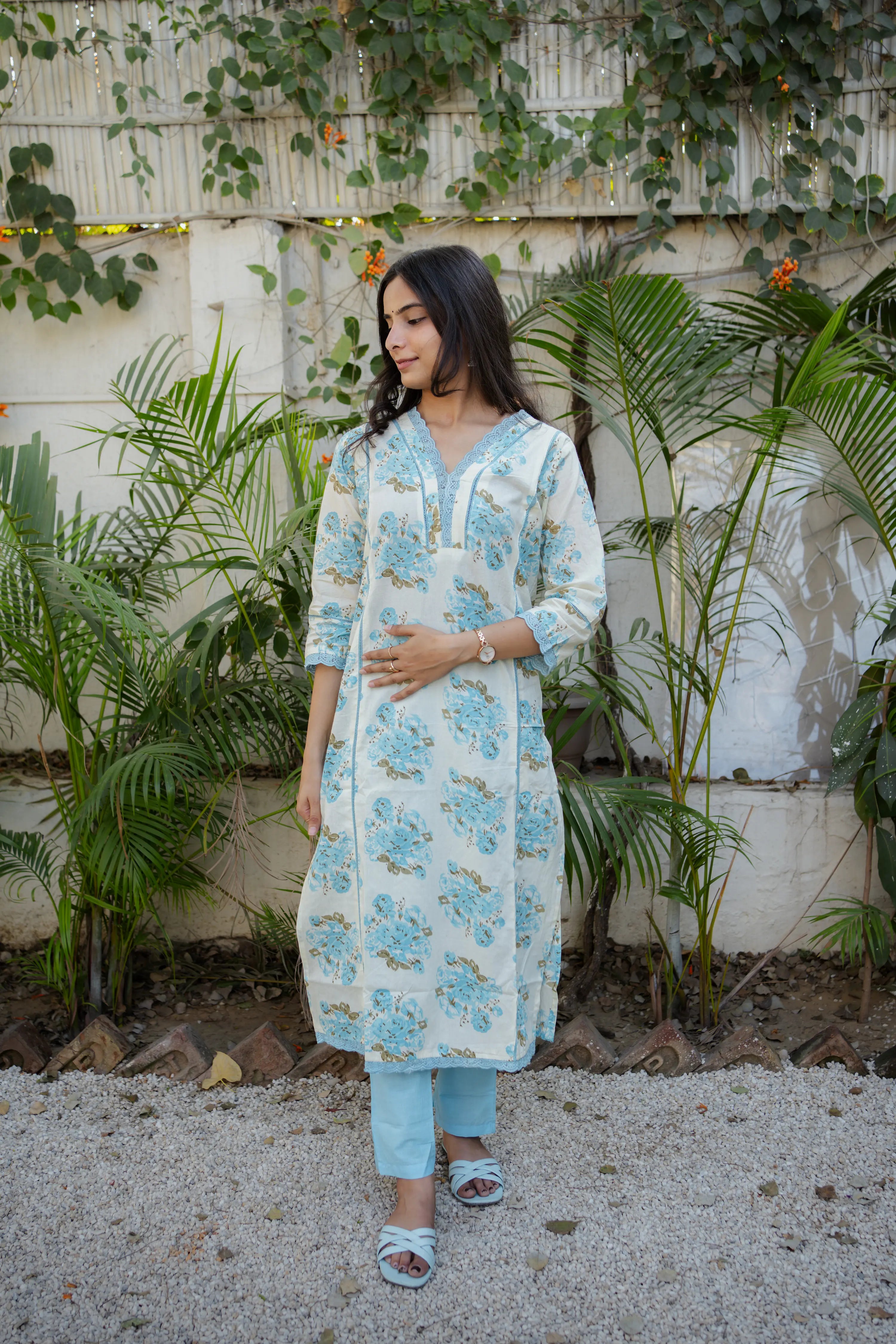 Pastel Blue Floral Printed Kurta Set with Pants & Dupatta – 3 Piece Ethnic Suit