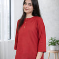 Red Solid Casual Top with Button Placket and 3/4 Sleeves