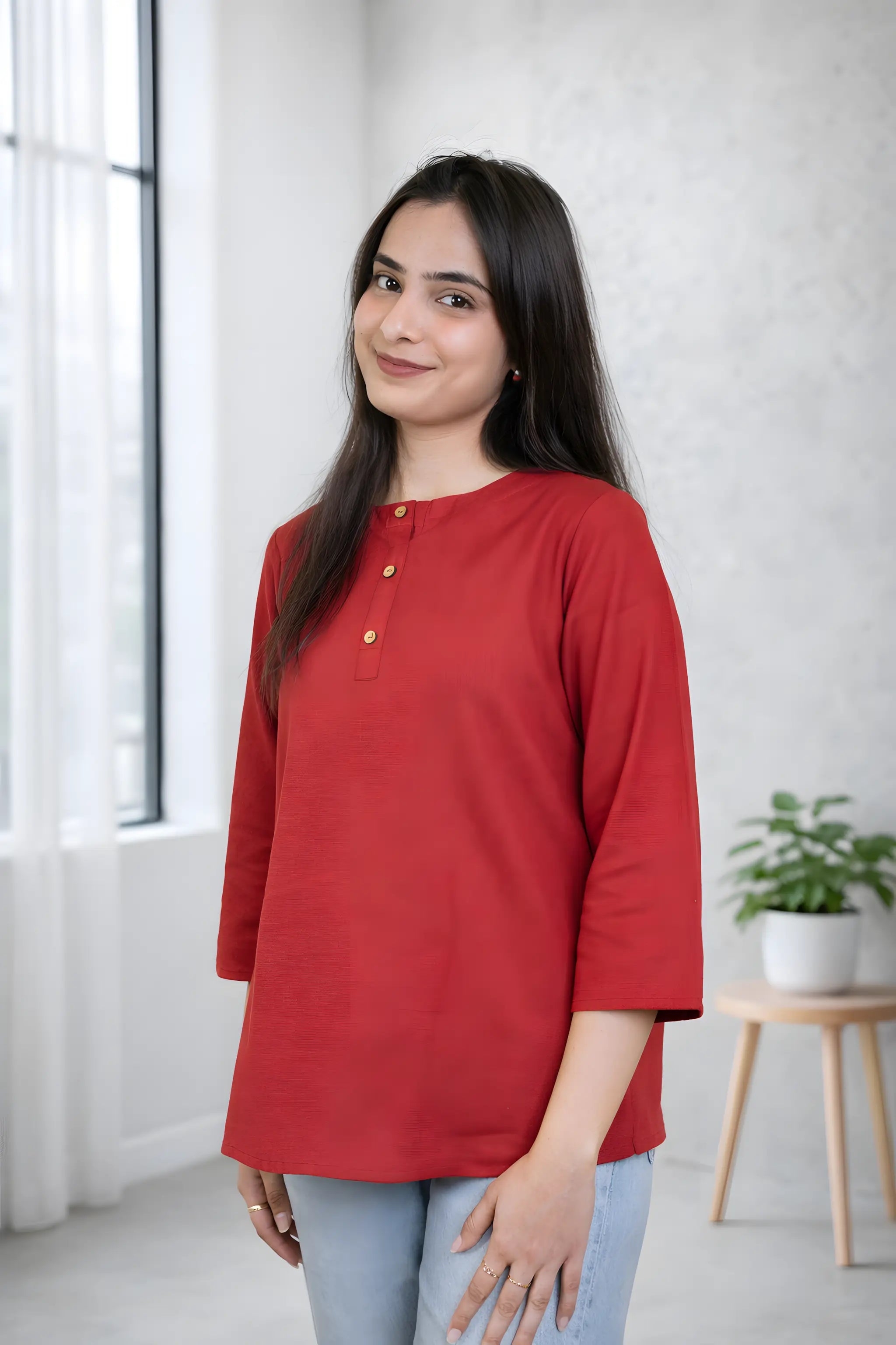 Red Solid Casual Top with Button Placket and 3/4 Sleeves