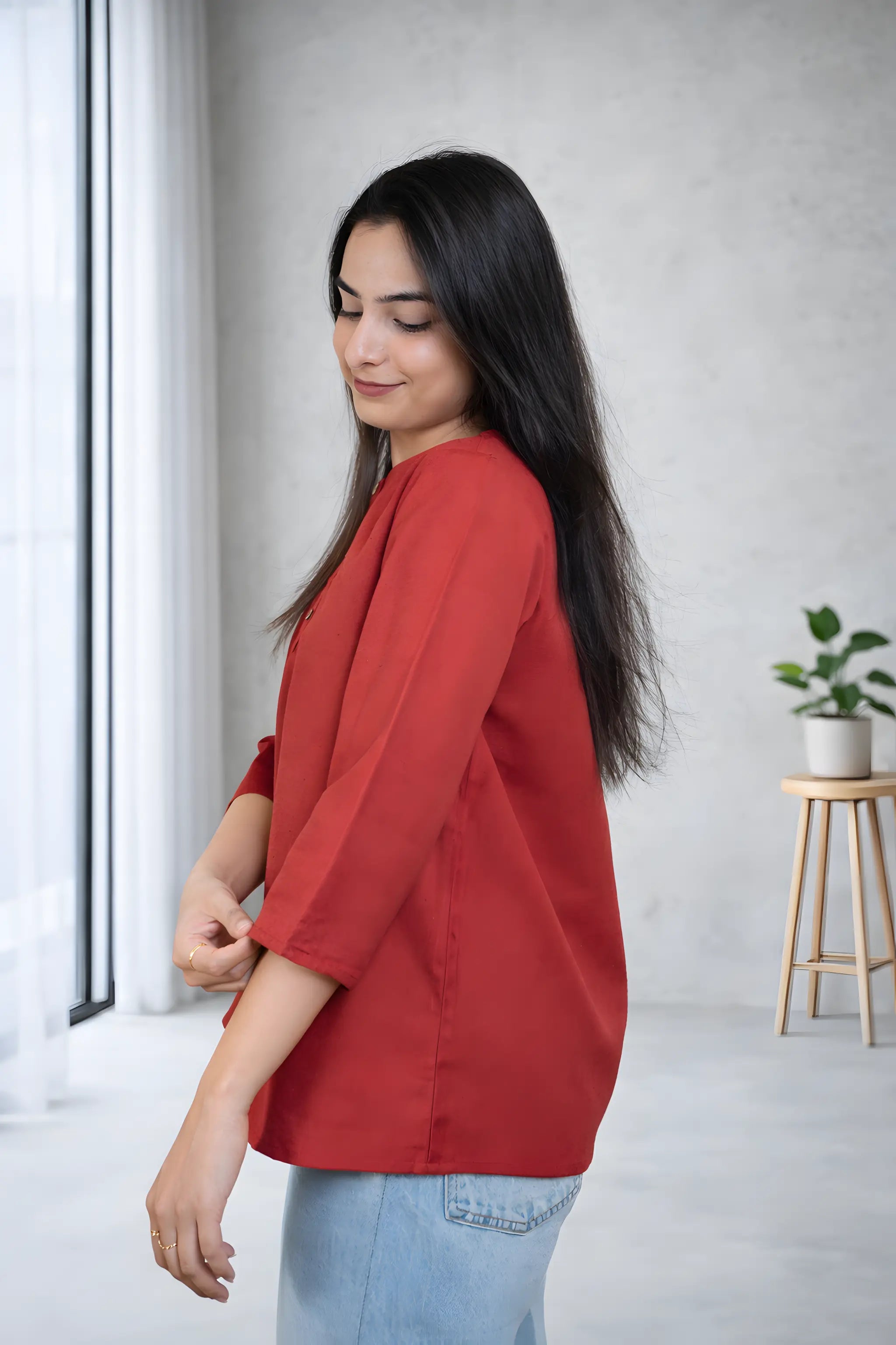 Red Solid Casual Top with Button Placket and 3/4 Sleeves
