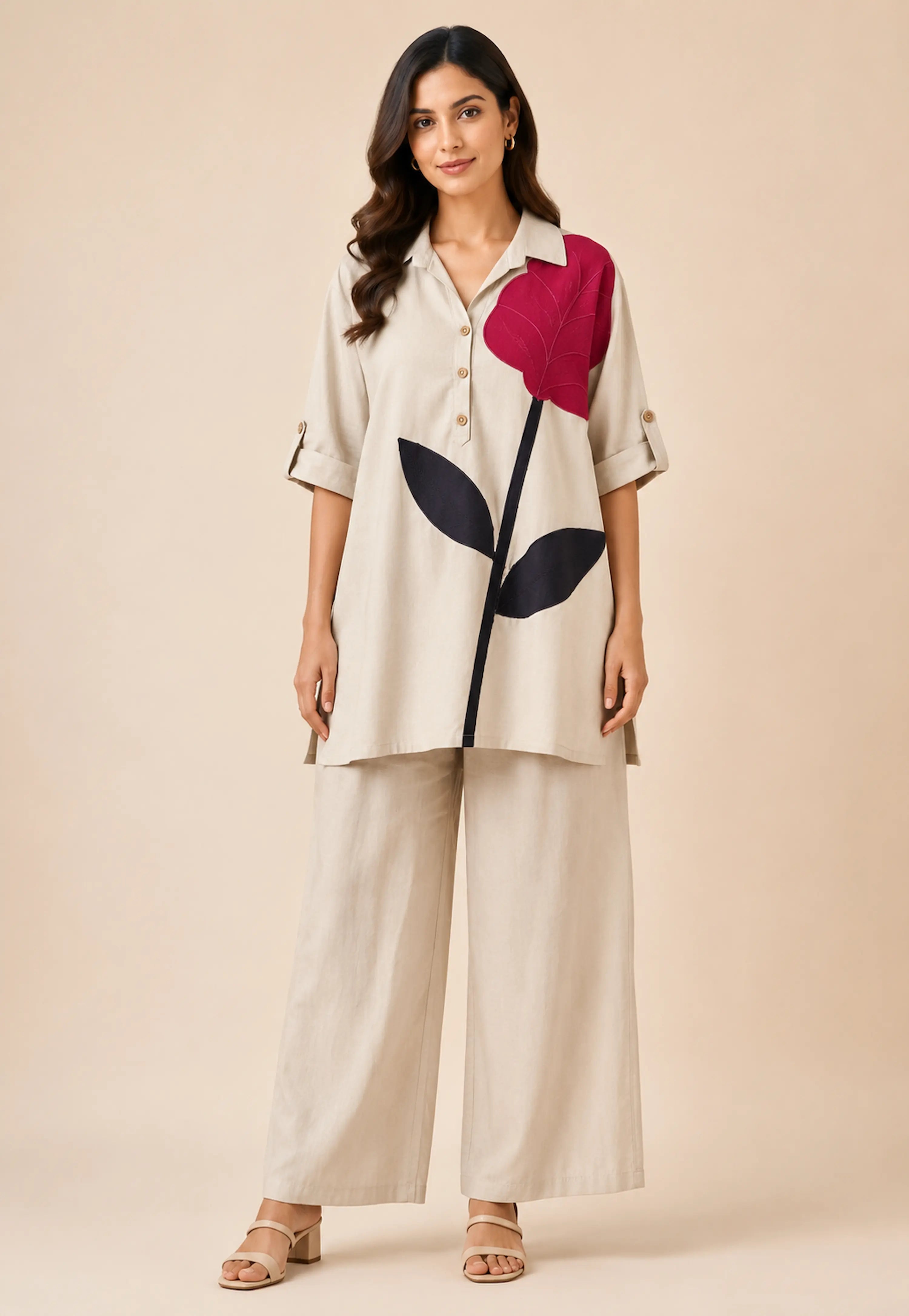 Beige Abstract Floral Premium Cotton Co-Ord Set