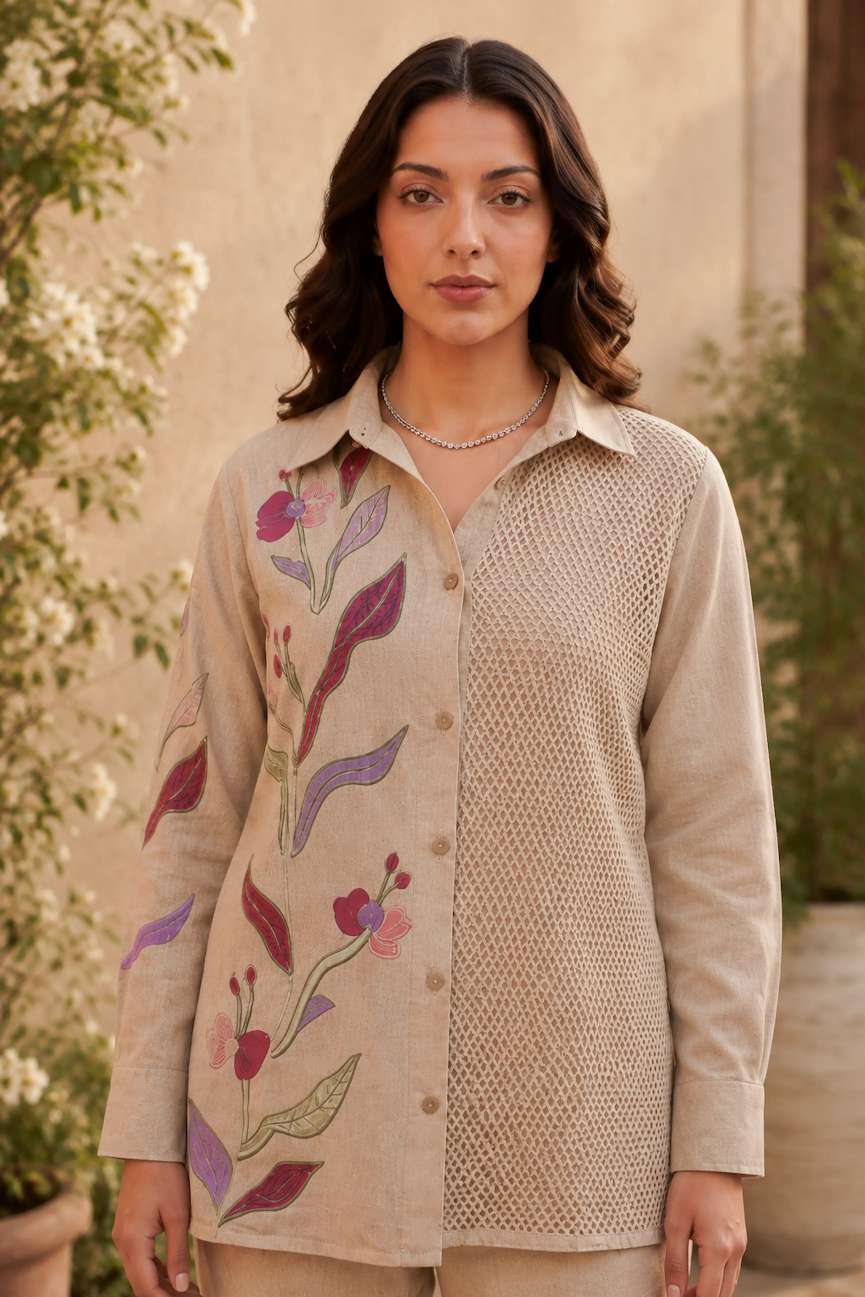 Beige Floral Embroidered Premium Linen Co-Ord Set