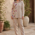 Beige Floral Embroidered Premium Linen Co-Ord Set
