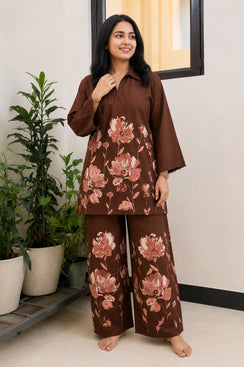 Women’s Brown Floral Printed Premium Cotton Co-Ord Set