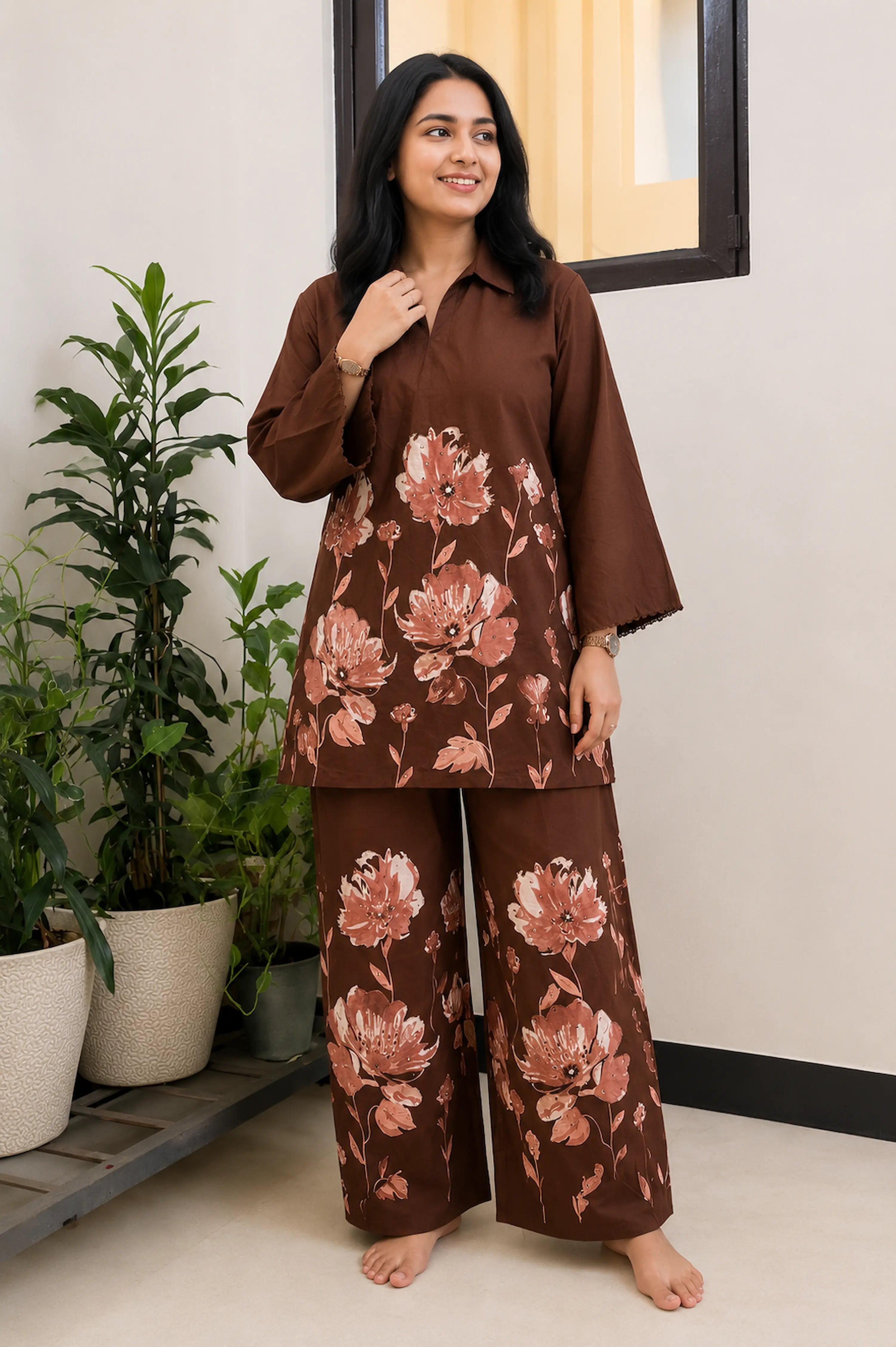 Women’s Brown Floral Printed Premium Cotton Co-Ord Set