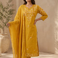 Mustard Embroidered Premium Cotton 3-Piece Suit Set