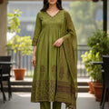 Olive Green Handblock Printed Premium Cotton 3-Piece Suit Set