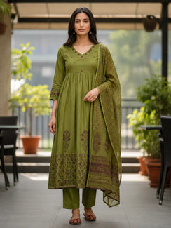 Olive Green Handblock Printed Premium Cotton 3-Piece Suit Set