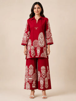 Red Ethnic Printed Premium Cotton Co-Ord Set