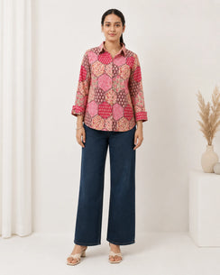 Women's Pink Geometric  Printed Cotton Shirt