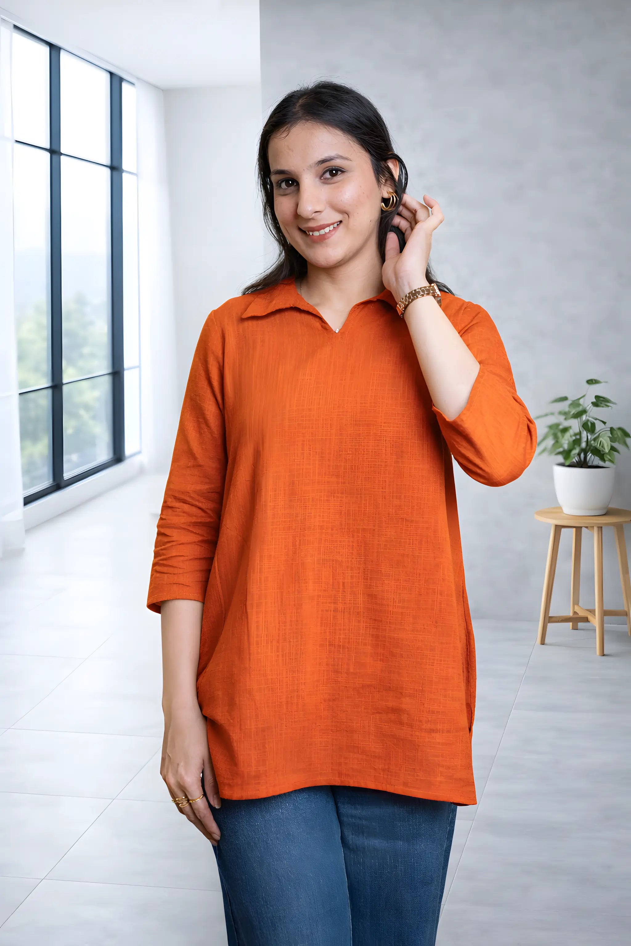 Rust Solid A-Line Casual Top with Collar