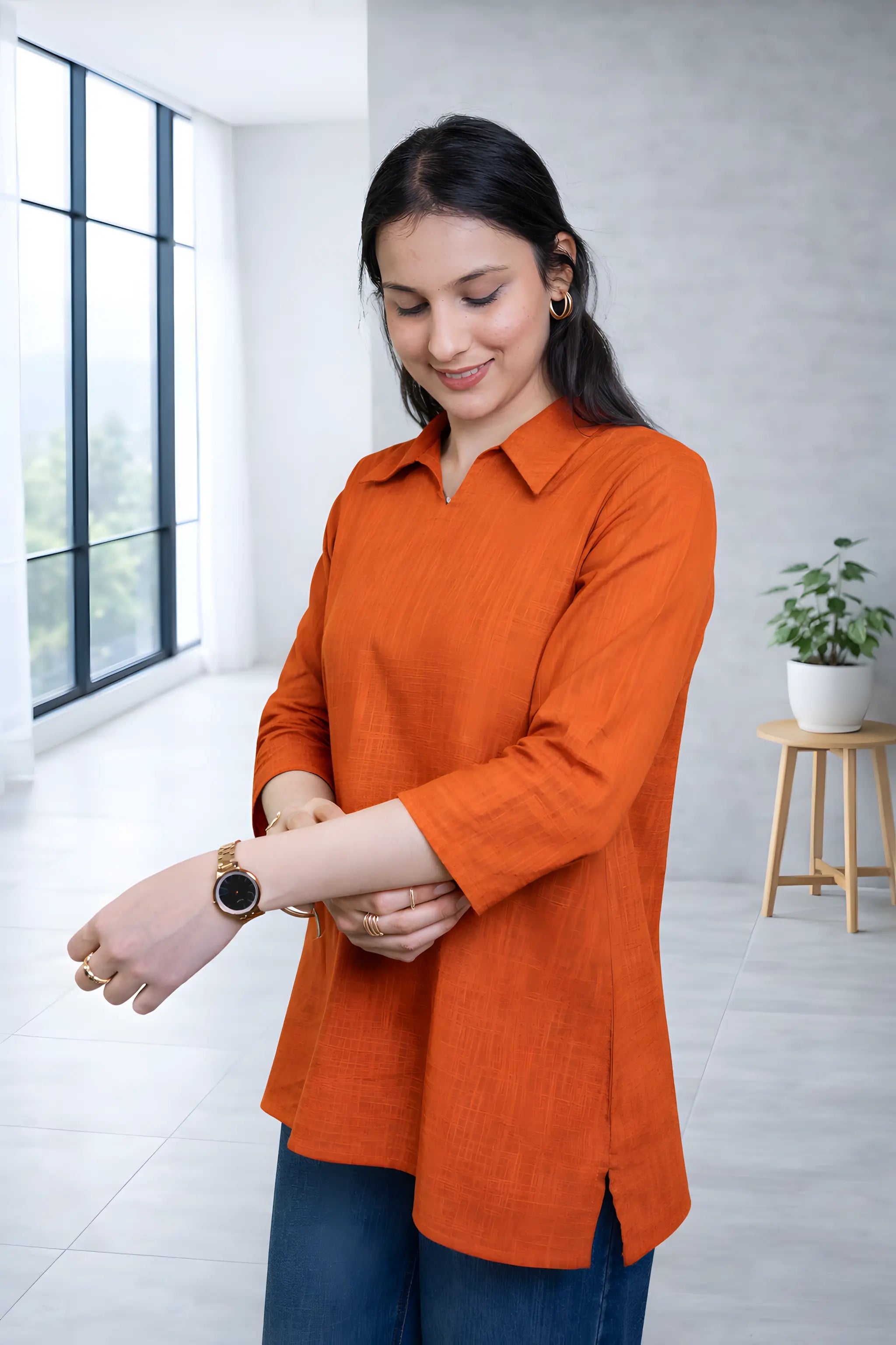 Rust Solid A-Line Casual Top with Collar