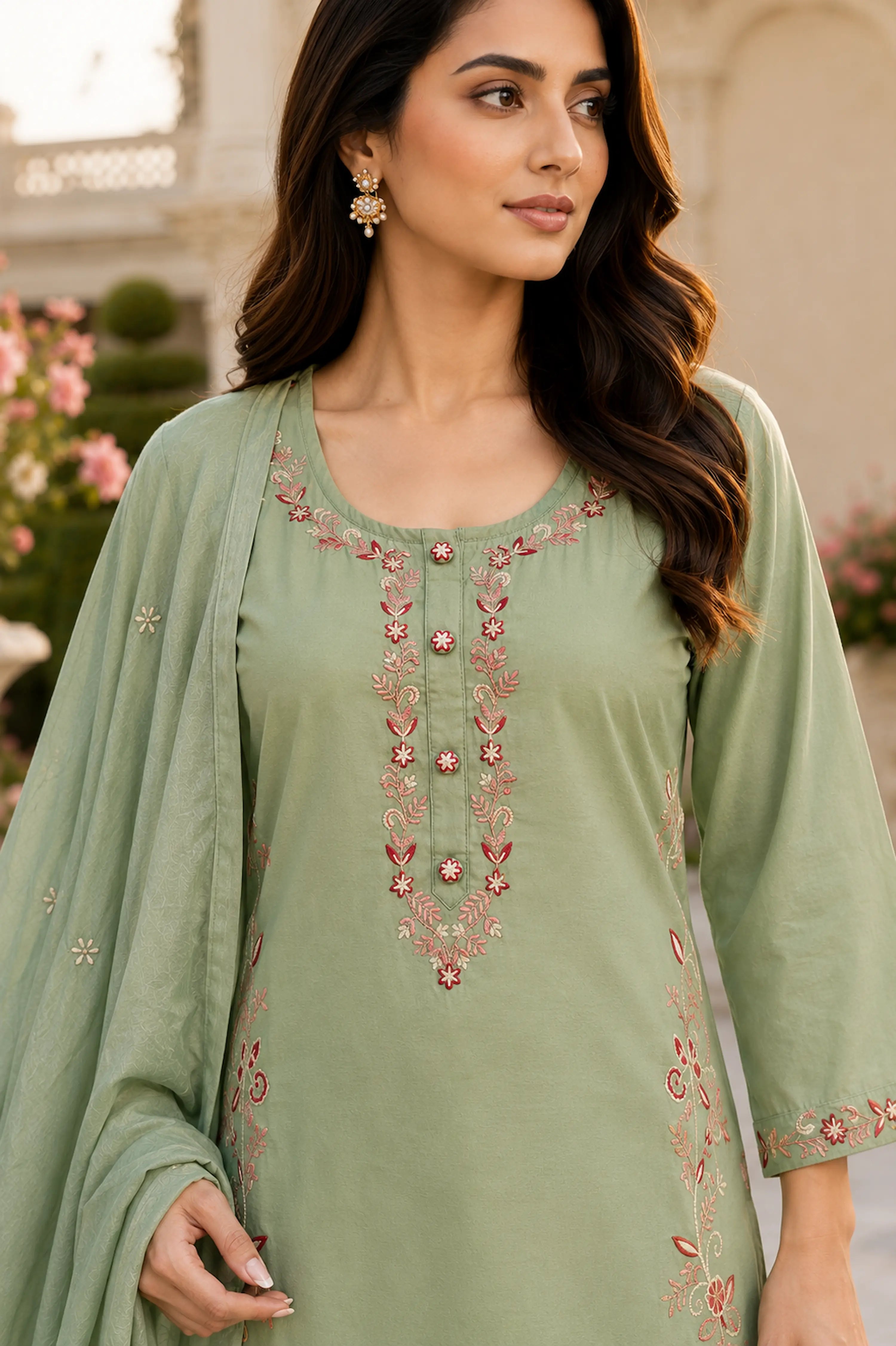 Sage Green Embroidered Cotton Kurta Pant Set with Dupatta