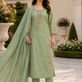 Sage Green Embroidered Cotton Kurta Pant Set with Dupatta