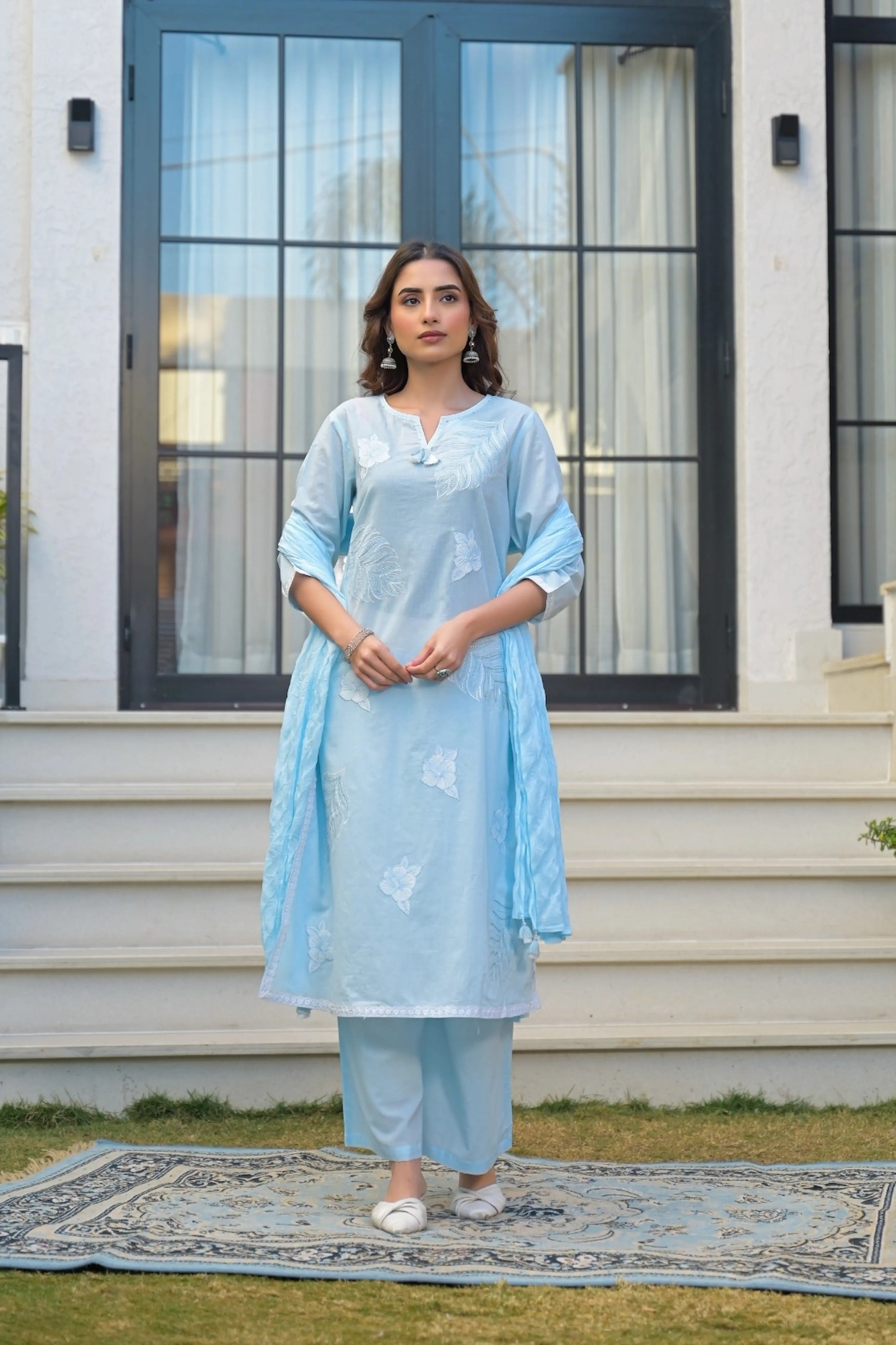 Sky Blue Embroidered Kurta Set with Dupatta – Elegant 3 Piece Ethnic Suit