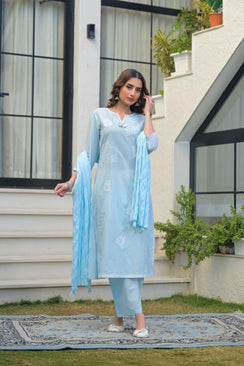 Sky Blue Embroidered Kurta Set with Dupatta – Elegant 3 Piece Ethnic Suit