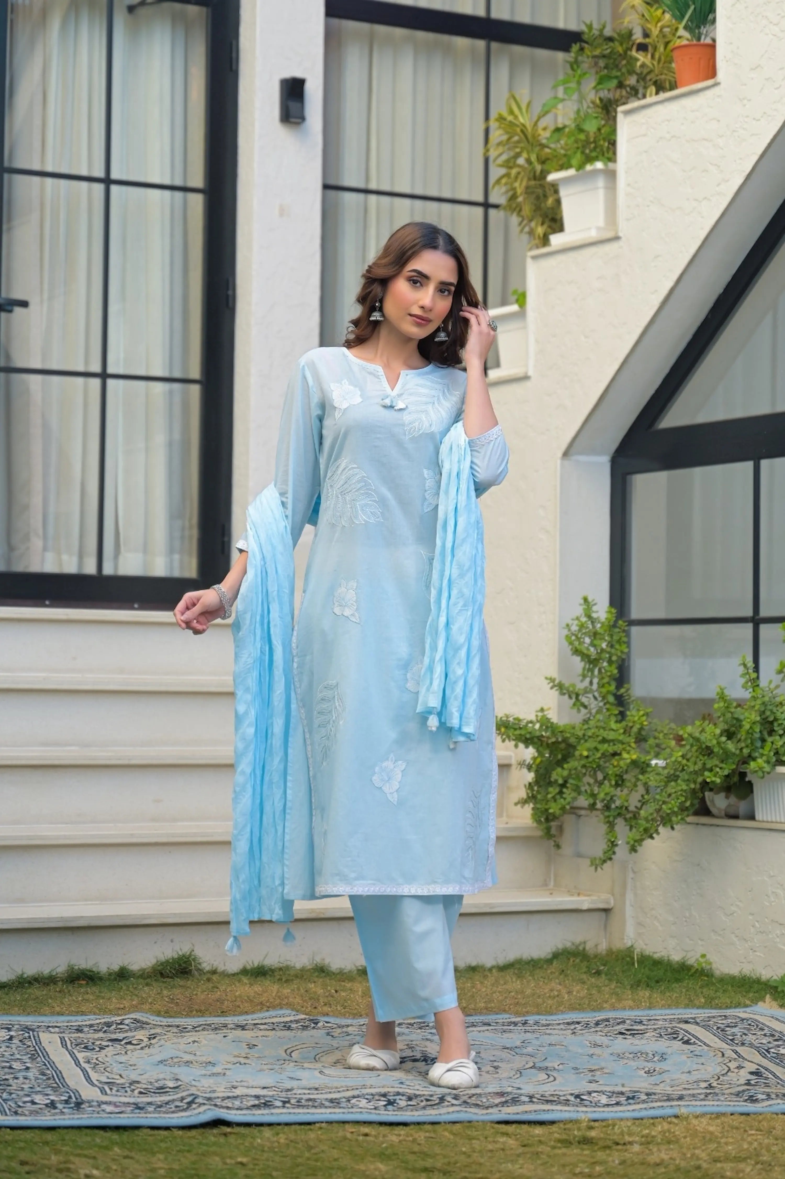 Sky Blue Embroidered Kurta Set with Dupatta – Elegant 3 Piece Ethnic Suit